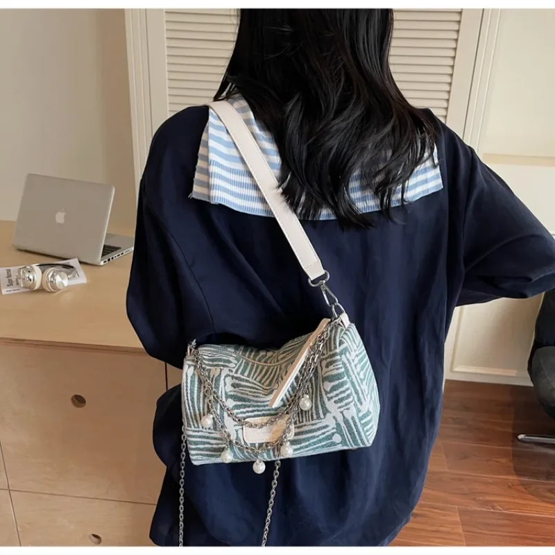 Bolso Oxford a rayas con cadena informal para mujer, bolso de hombro versátil de gran capacidad y alta calidad, bolso principal En Solde verde