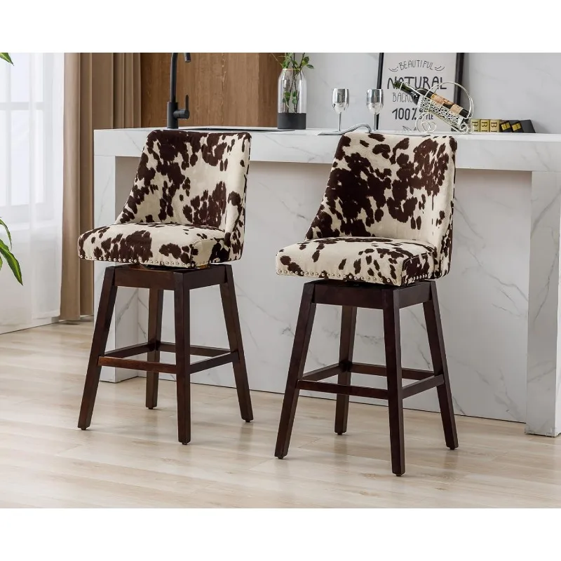 Velvet Counter Height Bar Stools Swivel Farmhouse Bar Stools with Wood Legs Nailhead Footrest for Kitchen Island, Set of 4- Cow