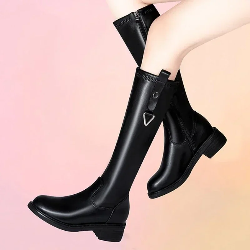 2024 Women Leather Elastic Boots Ladies Plush Long Boot Autumn Winter Thick Heels Over The Knee Boots Slip on Knight Botas 35-42