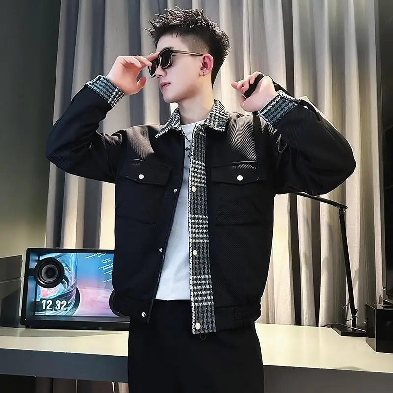 เสื้อแจ็คเก็ตเย็บปะติดปะต่อแบรนด์อินเทรนด์สําหรับผู้ชายเสื้อแจ็คเก็ตคอปกสําหรับผู้ชาย