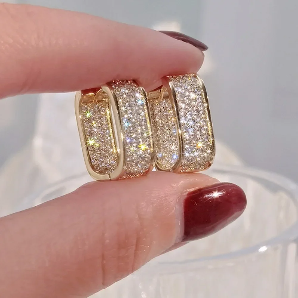 Stainless Steel Full of Zircon Shiny Geometric Square Hoop Earrings for Women New Temperament Korea Jewelry Accessory Colorfast