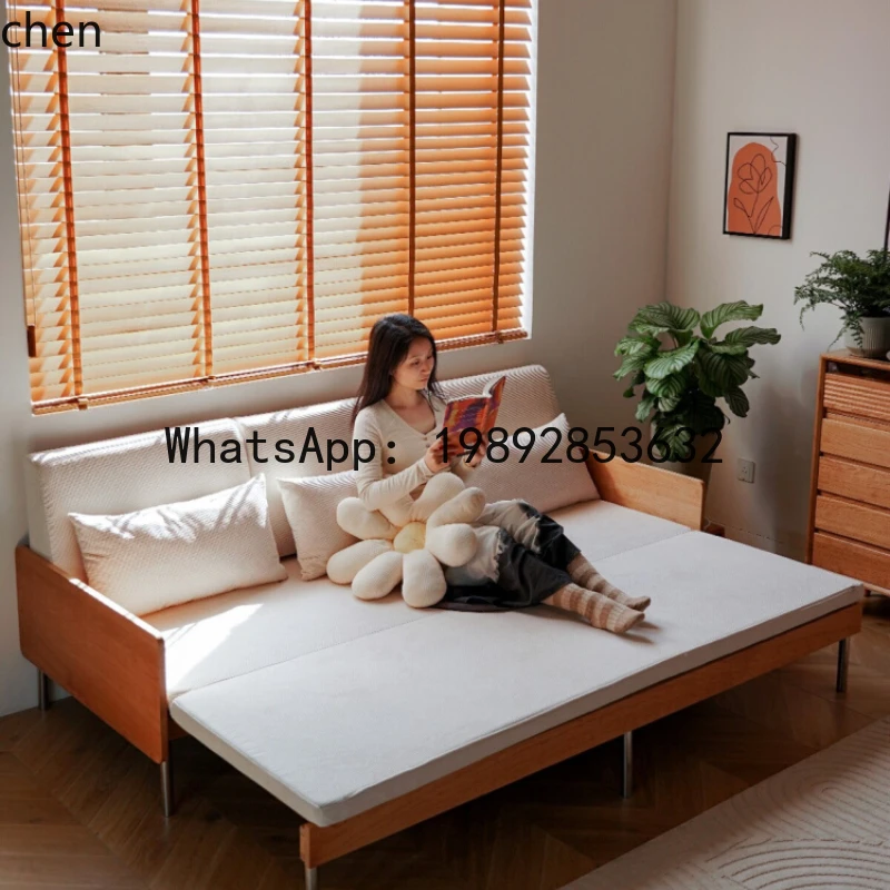 cherry wood retractable sofa bed all solid wood three-person sitting and lying dual-purpose folding pull-out sofa