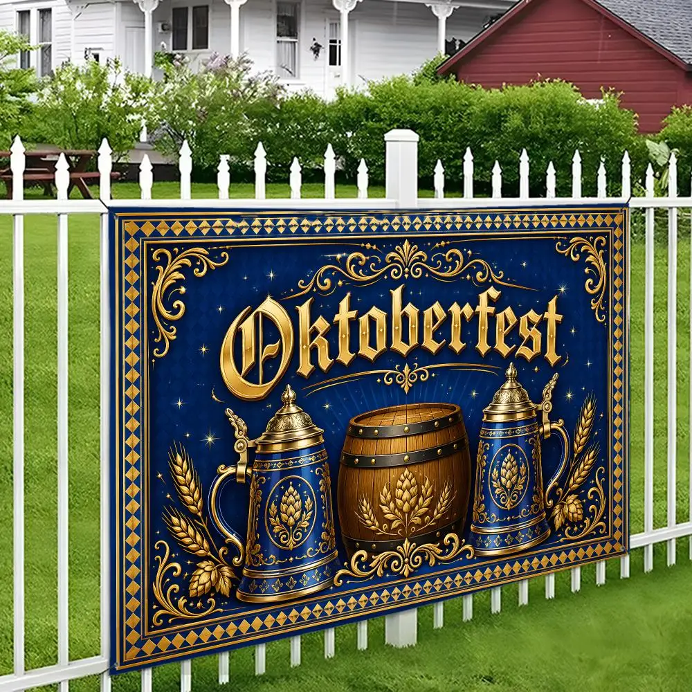 Oktoberfest flag vivid print durable easy hang reusable porch yard wall party beer stein barrel wheat hops blue gold decor Flags