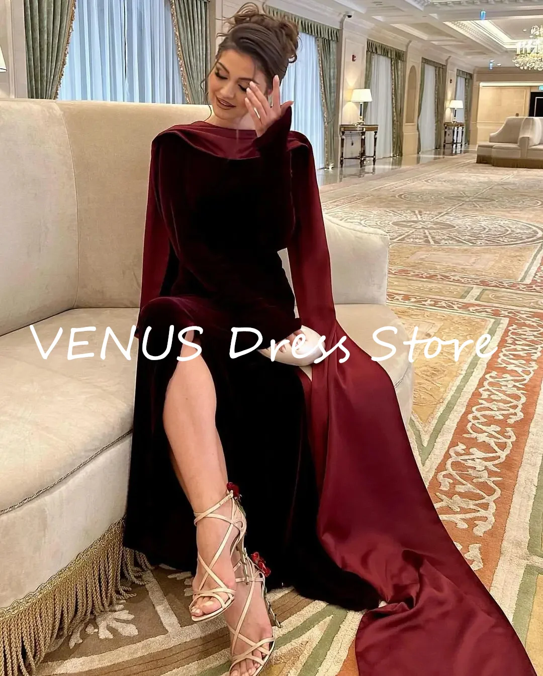 venus burgundy dress Sexy Burgundy V-Neck Open Back Appliques Velvet Prom Dress