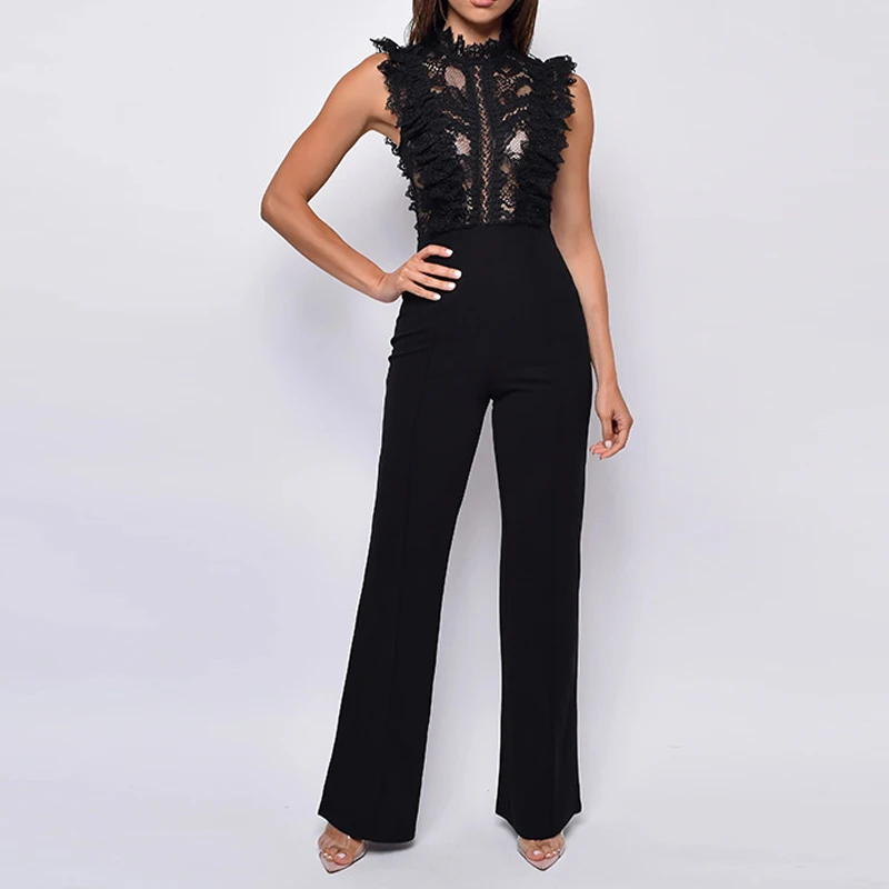 

Lace Patchwork Sleeveless Commuting Playsuit Summer Simple Solid Color Long Pants Jumpsuit Casual O Neck Straight Women Rompers