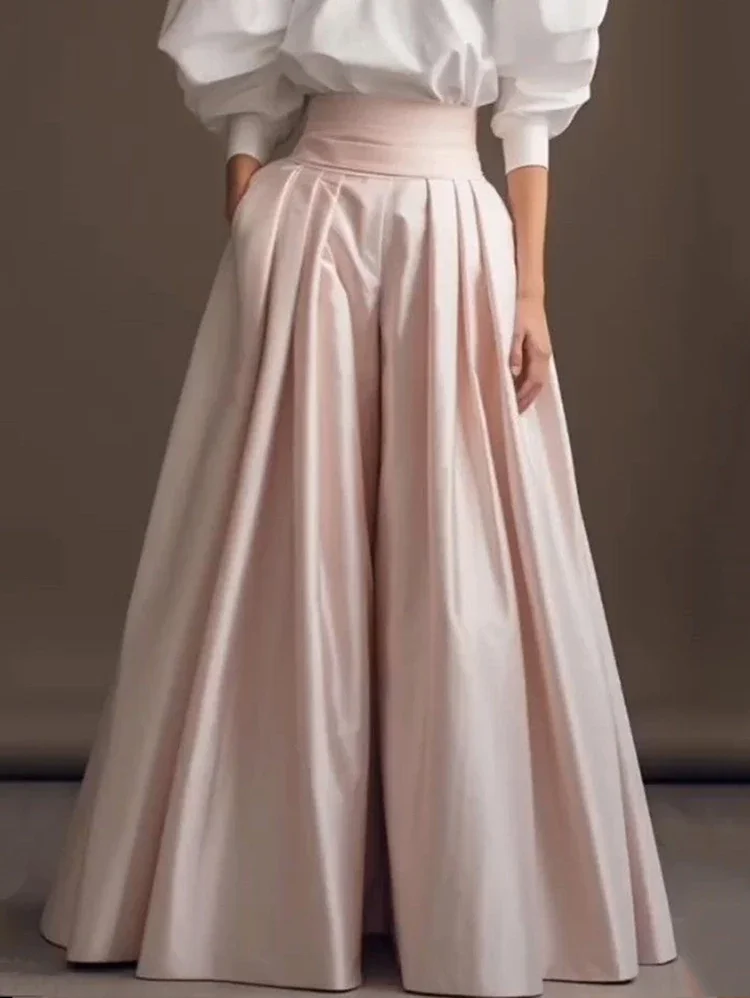 

Women Pink Pleated Wide Leg Pant High Waist Elegant Minimalist Solid Casual Office Lady Trousers Loose Flare Wide Leg Pants