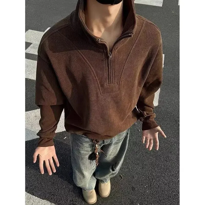 2026 Spring Autumn Men Vintage Half Zip Mock Neck Sweatshirt, American Loose Cool Long Sleeve Pullover Streetwear Sports Jacket