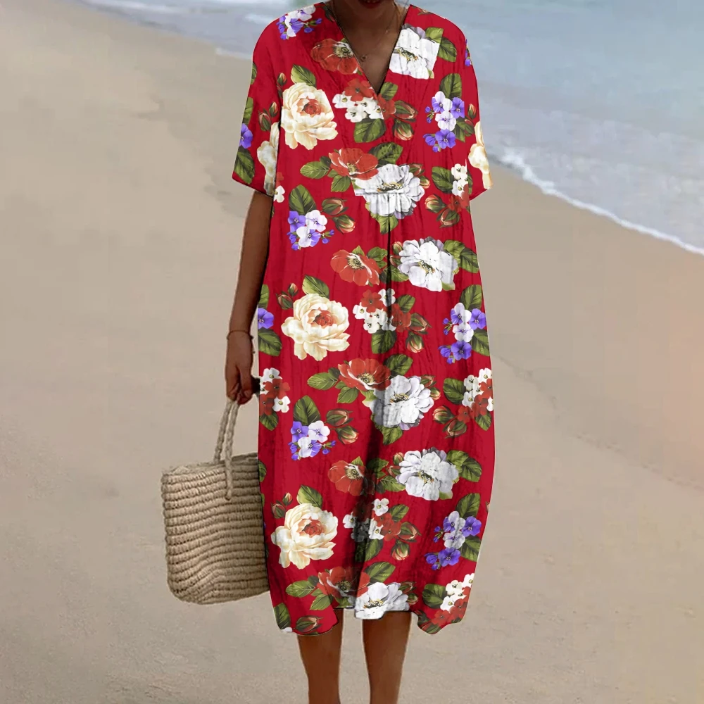 

Casual Women's Dress Red Flower Print New Casual Sleeveless Long Dress Women's V-Neck Printed Dress Swing Bohemian Retro Dresses