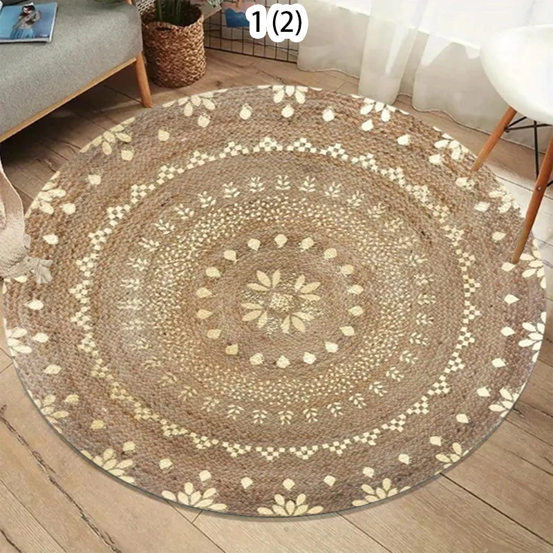 Natural Imitation Jute Texture Flowers Round Rug Boho Farmhouse Home Decor Carpet Non-Slip Soft Floor Mat for Living Room