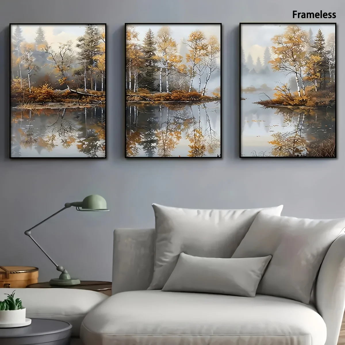 3pcs Autumn Lake Birch Tree Landscape Wall Art, Rustic Nature Forest Oil Painting 2D Print Canvas Poster Frameless, Stunning