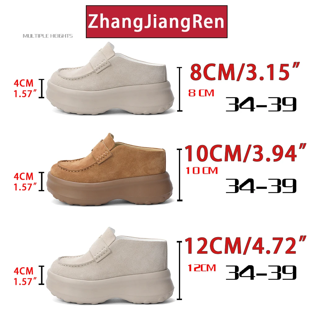 ZJR 8-12cm Secret Height Increasing Shoes Women Vintage Cow Suede Mules Shoe Built-in Heel Lift Shoes  Platform Closed Toe Mules