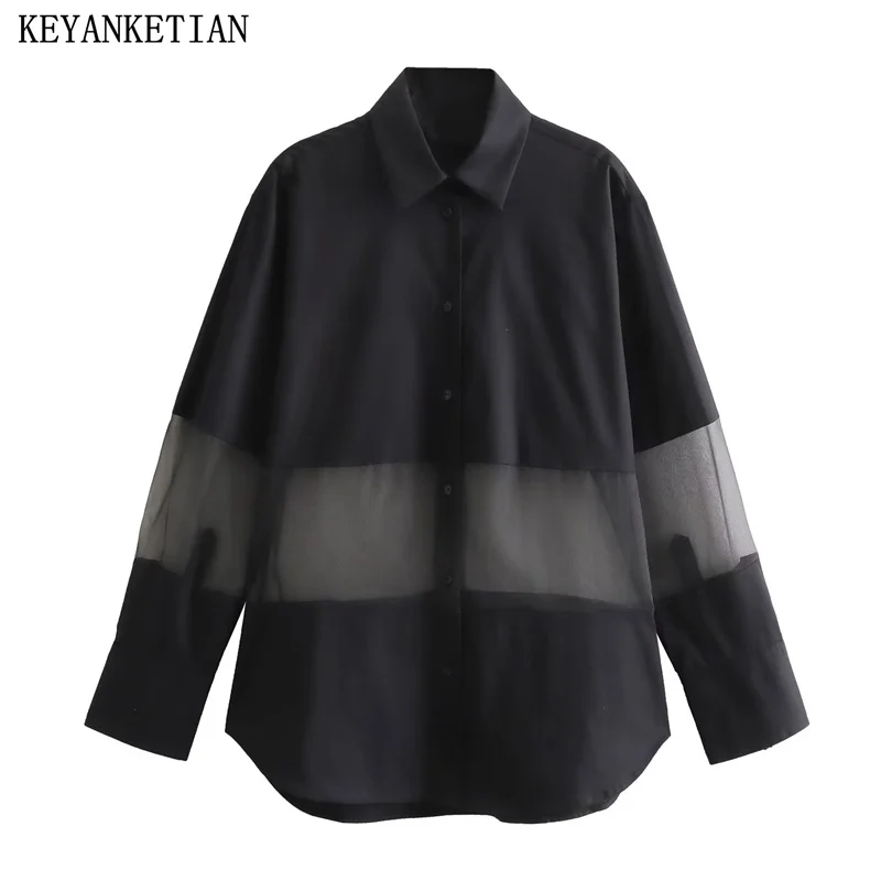 

KEYANKETIAN New Launch Women's Organza Patchwork Shirt Unisex style Fashion Long Sleeve Button-up Loose Black Blouse Chemise