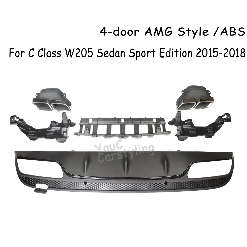 W205 AMG Style Rear Diffuser With 304 Stainless Steel 4-outlet Exhaust  For Mercedes C W205 4-Door Sport Sedan 2015-2018