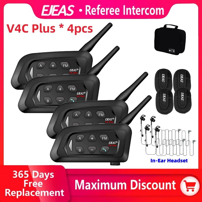 EJEAS 4PCS V4C PLUS In-Ear Football Referee Intercom Headset 1500M Full Duplex Bluetooth 5.1 Waterproof Conference Interphone