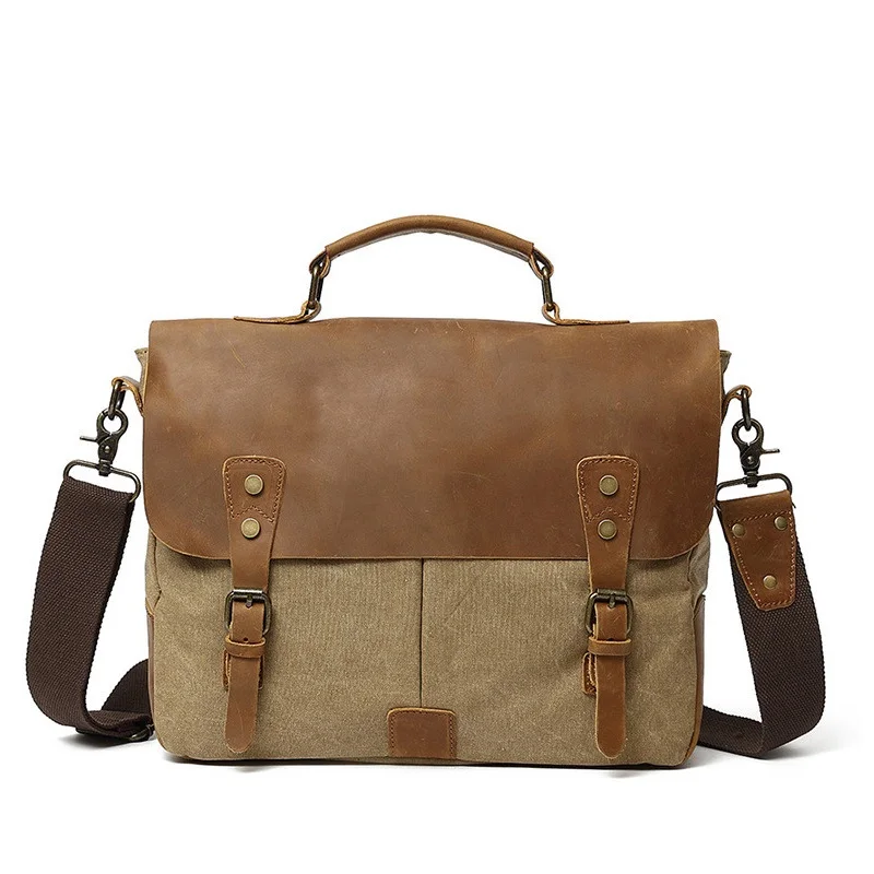 Retro Canvas With Cowhide Leather Portable Briefcase Bag Men Messenger Bags Casual Work Business Crossbody Computer Laptop Bag