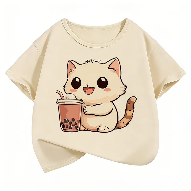 Cute Cat Drinking Design Kids Tshirts Summer Short Sleeve Tees Cartoon Boys Girls Clothes Kawaii Kitten Tops Children T-shirt