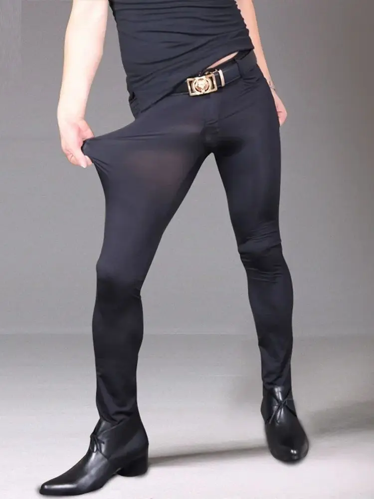 M-3XL High Elastic Ice Silk Jeans Pencil Pants Tights Mens Leggings Transparent Sexy Trousers Pantalon Spodnie Joggers Clubwear