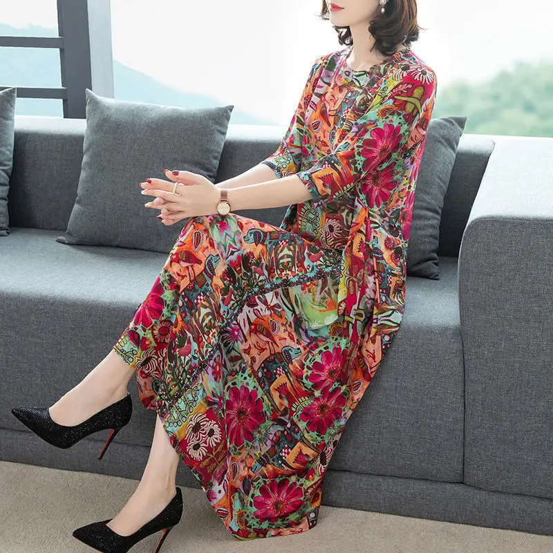 2023 Autumn Women's Ice Silk Round Neck Long Sleeved Flower Long Skirt Spring Fashion Elegant Comfortable Versatile Long Skirt