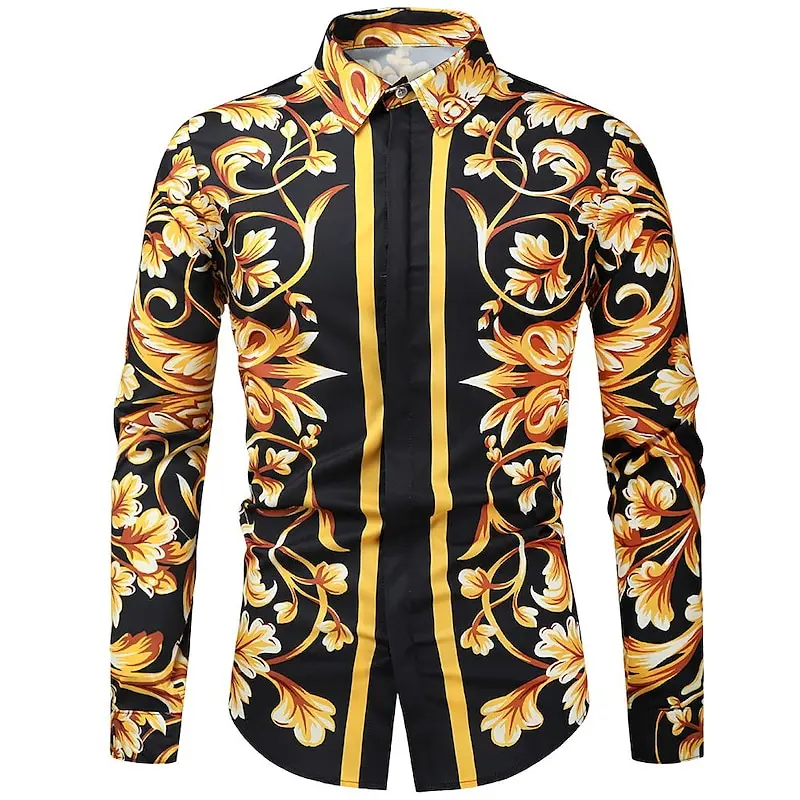 Men\'s shirt prom shirt yellow orange gold long sleeve geometric classic collar spring and autumn vacation beach clothing clothin