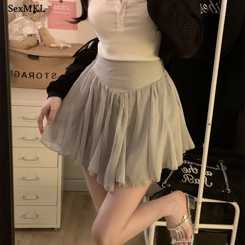 

Sweet Tulle Mini Skirt Women Summer 2026 Casual High Waist A Line Y2k Clothes Slim Ball Gown Gray Kawaii Pleated Skirts Harajuku