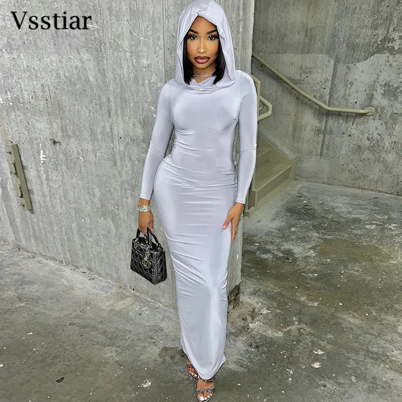 Vsstiar Full Sleeve Hooded Women Dress Black Solid Color Bodycon Maxi Vestidos Elegant Fashion Split Ladies Casual Outfits