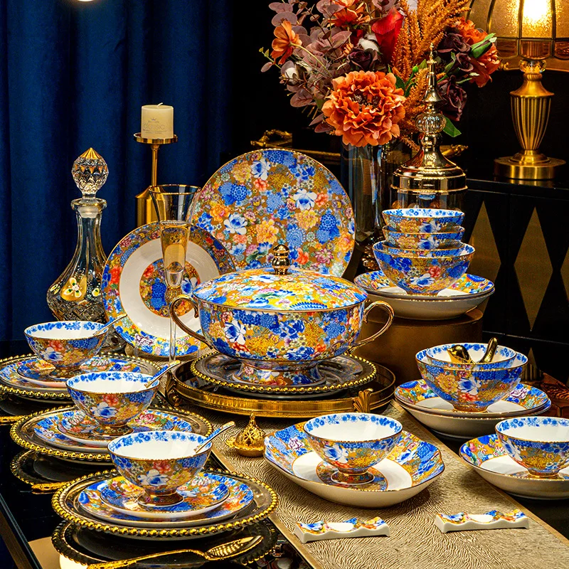 Ceramic Palace-style Plant Pattern Enamel Microwave Safe Light Luxury Retro Gift Tableware Chopsticks Set Bowl