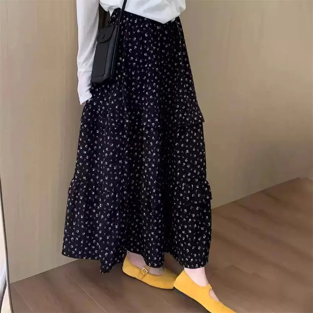 Vintage Floral Print Pleated Skirt Women's High Waist A-line Loose Black Jupe Fashion Sweet Long Skirt Faldas Mujer De Moda Saia