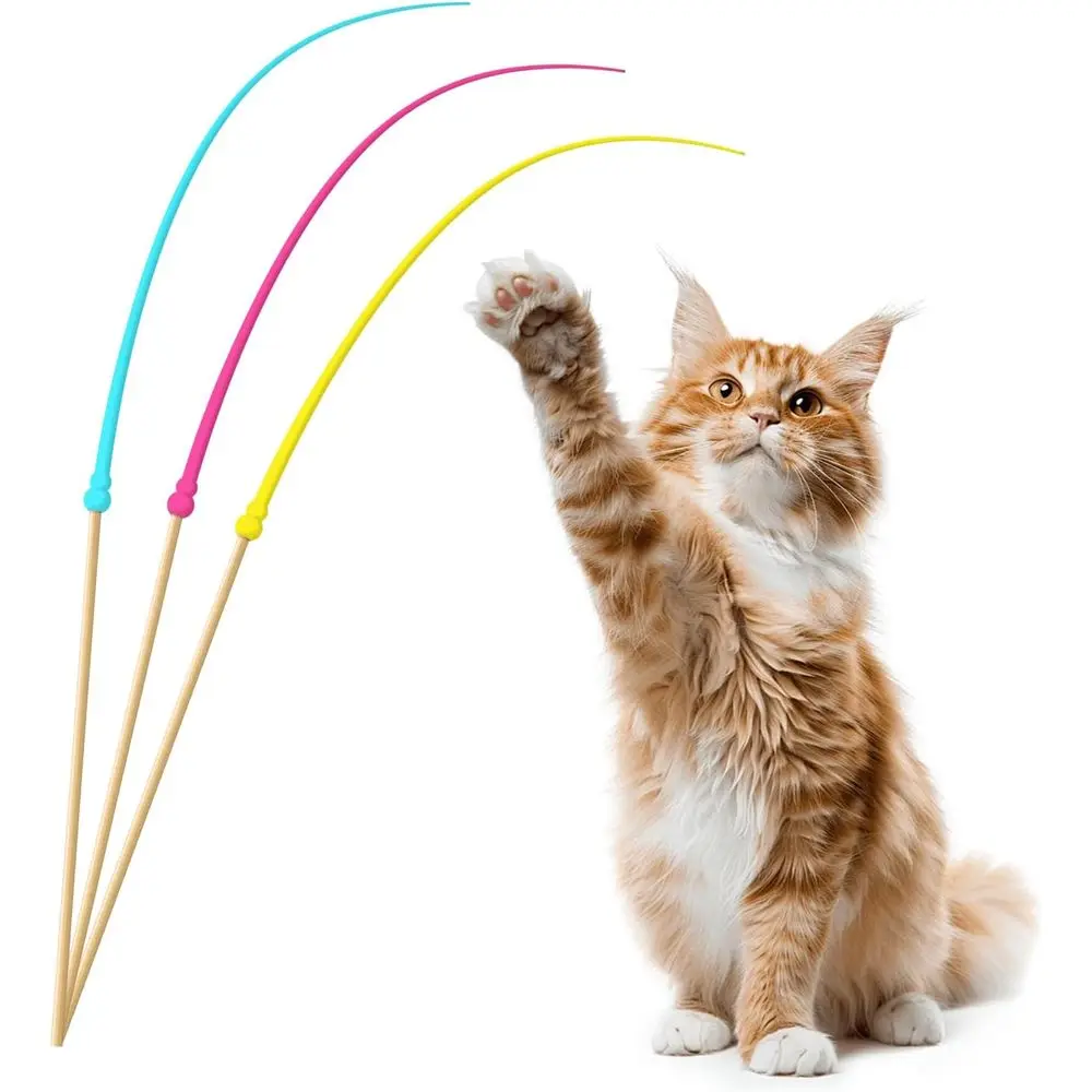 Cat Wand Toy, Cat Toy Wand, Cat Toy on Stick, 3 PCS Silicone Ultra-Light Durable Tail Teaser Used or StrRelie (Colorful Styles)
