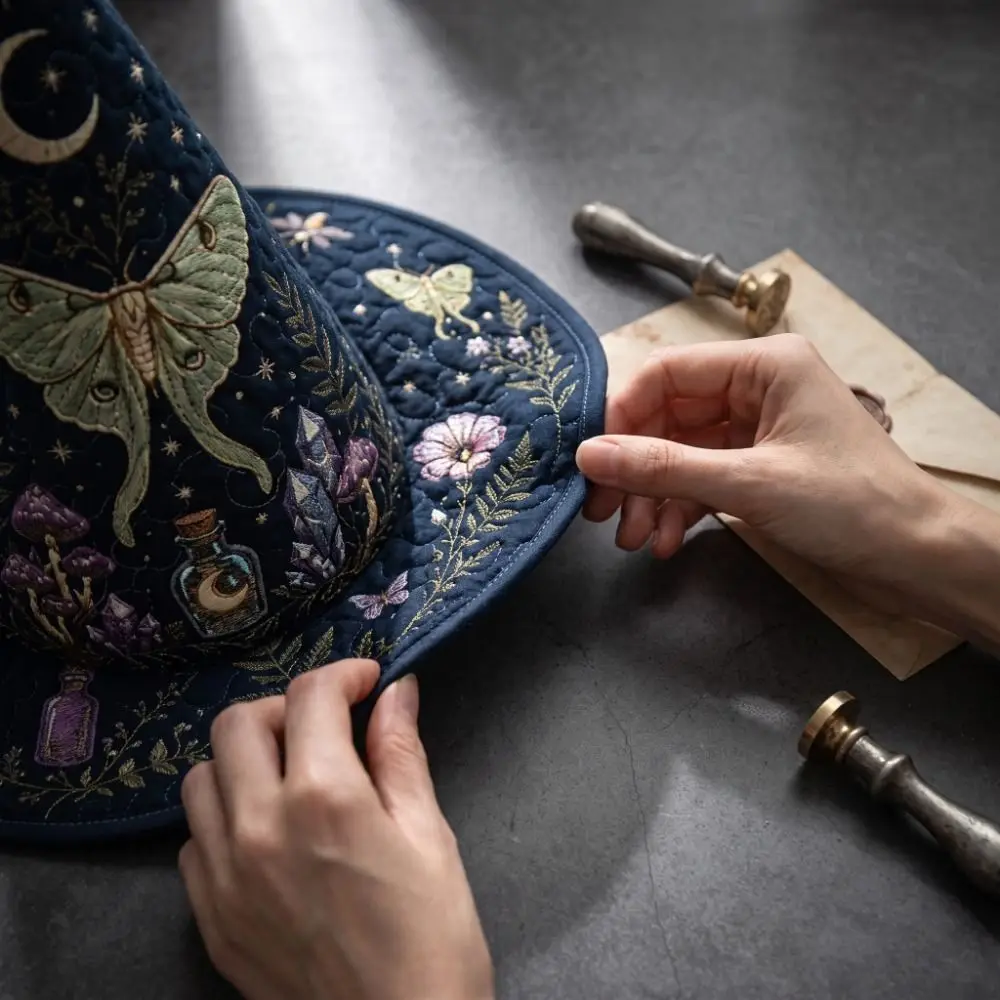 Gothic Wide Brim Halloween Witch Hat Cosplay Vintage Pointed Wizard Hat Butterfly Quilting Process Party Hat For Women