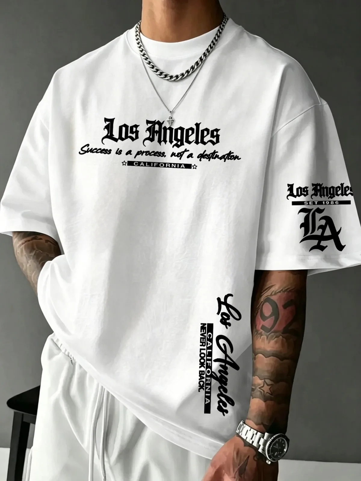 New American Men's Summer Retro Los Angeles Letter Printed Micro Elastic Breathable Round Neck T-shirt Outdoor Street Style Top