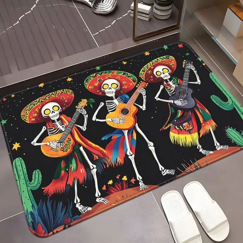 VIKAMA Day of The Dead Doormat Mariachi Skeleton Guitar Cactus Pattern Non‑Slip Floor Mat Indoor Outdoor Festival Entrance Decor