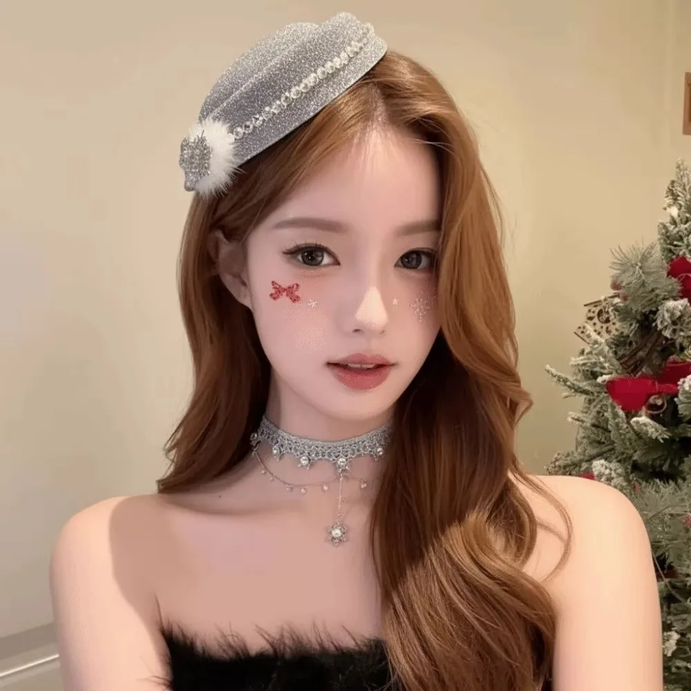 Fashion Snowflake Rhinestone Beret Fedoras Hat Adjustable Clip Velvet Red Top Hat Hairpin Hair Clip Hat