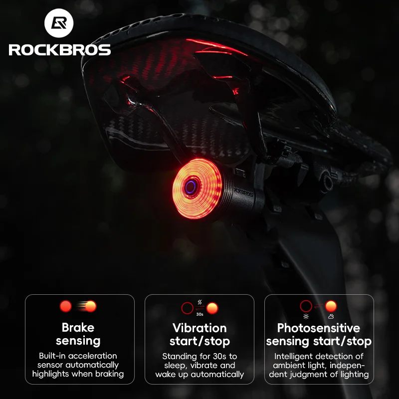 ROCKBROS Bicycle Smart Auto Brake Sensing Light Waterproof LED USB C Charging Cycling Taillight Bike Rear Light Accessories Q0