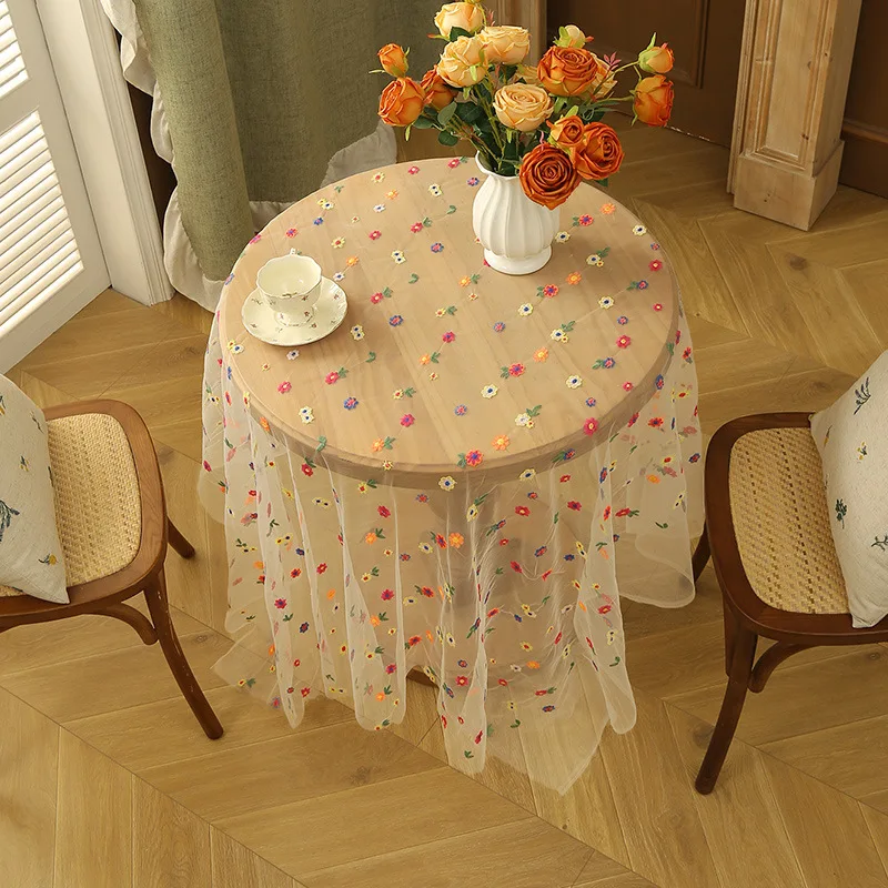 Stylish colorful embroidered floral tablecloth, made of mesh lace and soft tulle fabric, suitable for wedding table and dressing