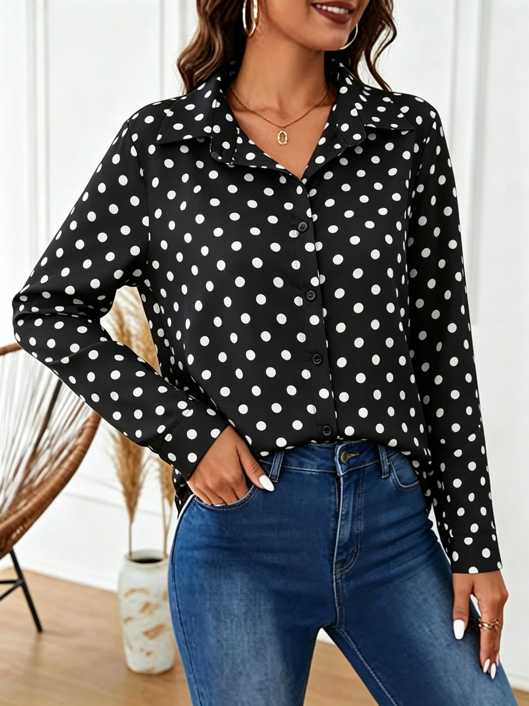 Retro-Französisches Polka-Dot-Hemd mit gekerbtem Kragen, einreihiges Langarm-Oberteil – Detail 1