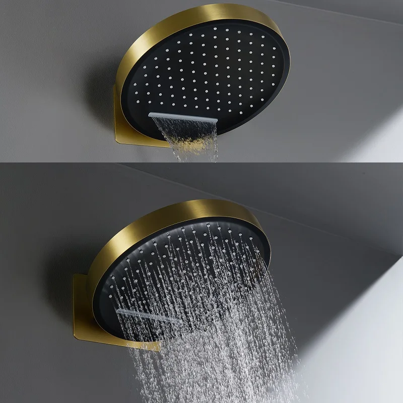 Brushed Gold Brass Concealed Thermostatic Shower Set 3 Functions Wall Mounted 320mm Oversized Rainfall Waterfall Shower Spray