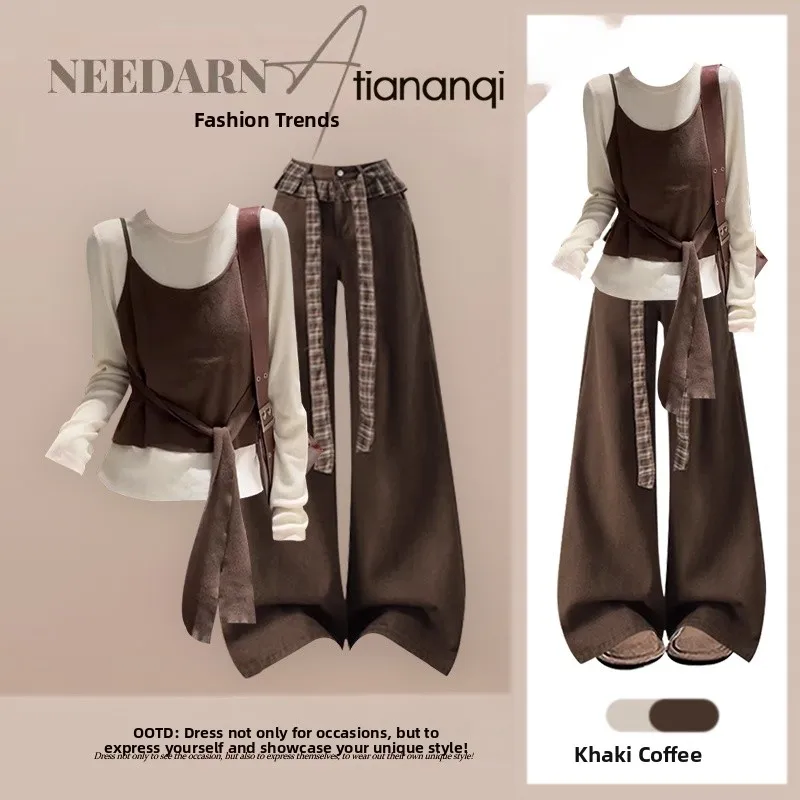 

Весенний комплект 2026: Модный женский ансамбль из топа-майки с цветными блоками и брюк с высокой талией и широкими штанинами для создания эффекта похудения