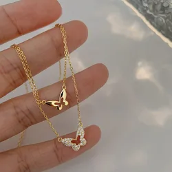 Shiny Zircon Cut-out Butterfly Pendant Double-layer Necklace Rhinestone Clavicle Chain Woman Delicate Accessory Jewelry Gift