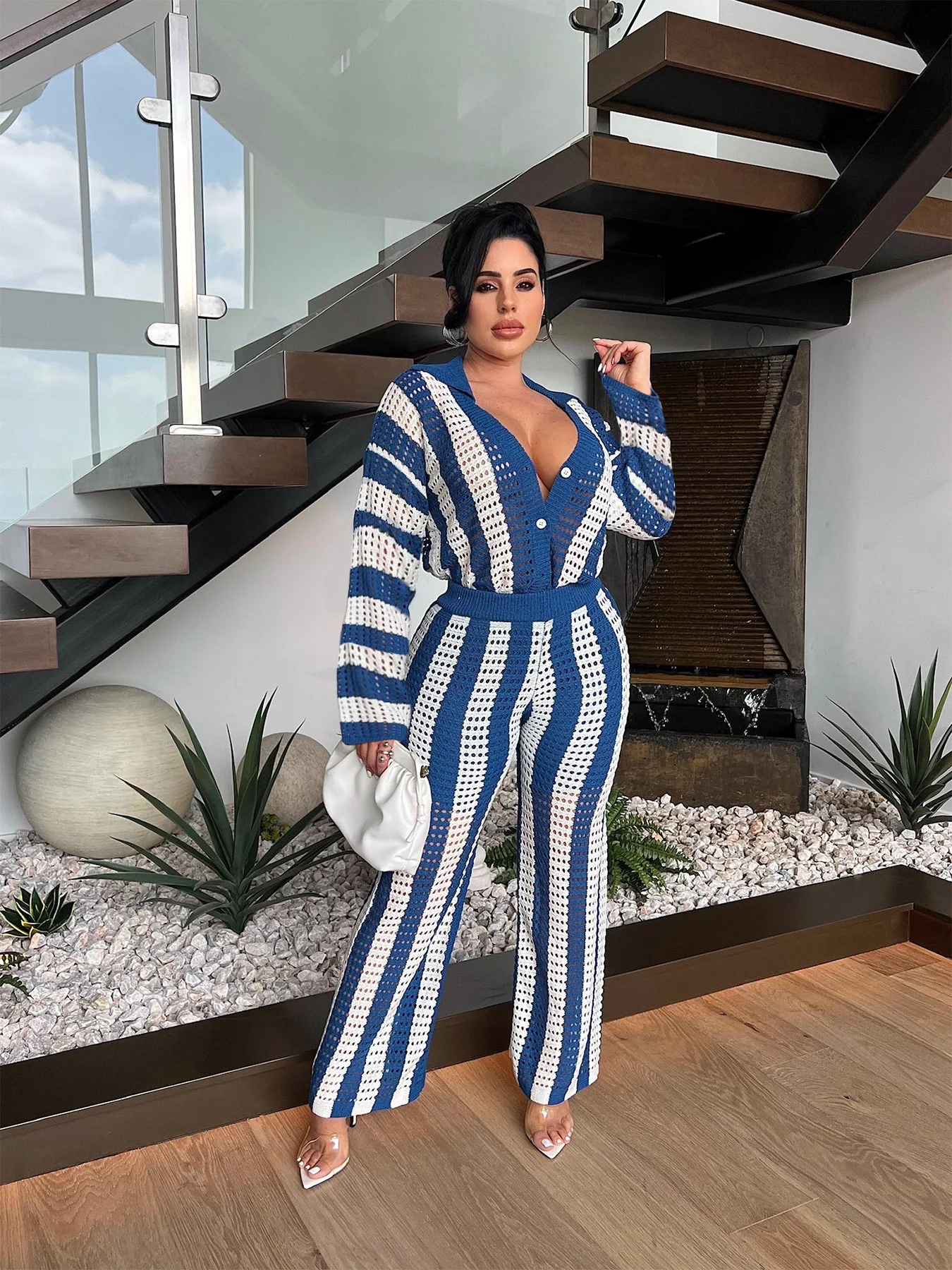 بدلة محبوكة من قطعتين للنساء ، أكمام طويلة ، توب برقبة على شكل حرف V ، سروال بساق واسعة ، ملابس مريحة للسيدات ، جديدة الخريف