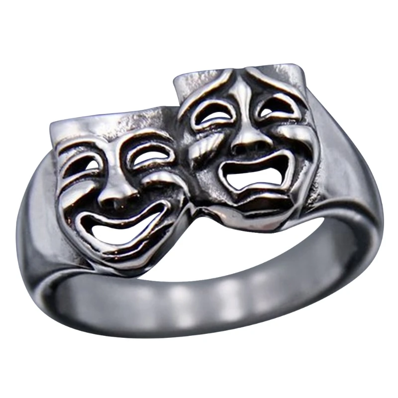 Happy Sad Wide Statement Ring Comedy Tragedy Mask Ring Unique Finger Ring