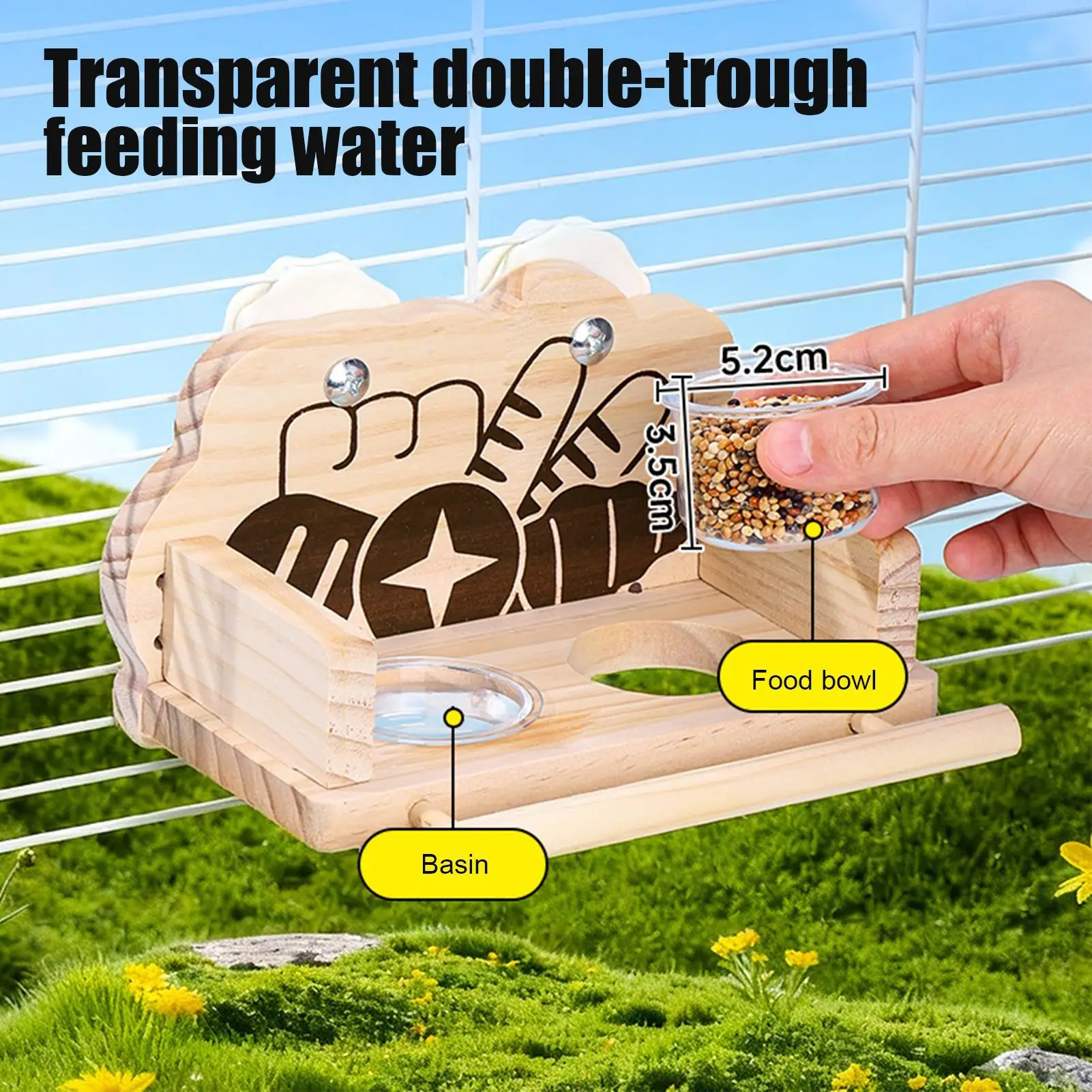 

Кормушка для птиц для клетки, прозрачные двойные диспенсеры для еды, брызгозащищенный дизайн, деревянная кормушка для воды для птиц, клетка для кореллы