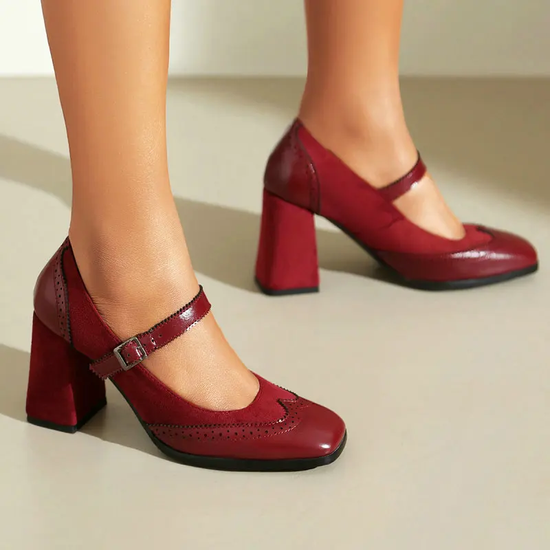 Mature Borgue Designer Woman Pumps Buckle Belt Burgundy Black Retro Lady Square High Heeled Women Shoes Chunky Heels Mary Janes