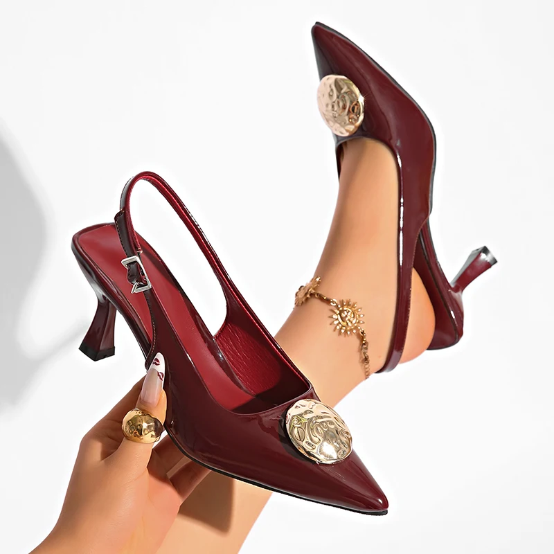 

Wine Red Pointed Toe Stiletto Mules for Women Fashion Metal Decor High Heeled Sandals Woman Plus Size 42 Slip On Slingbacks