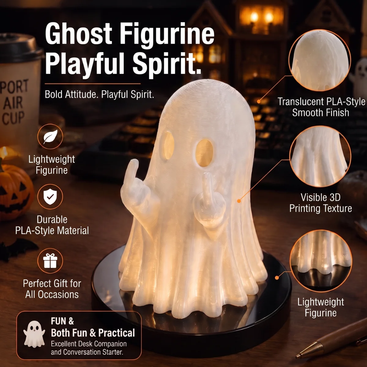 1pc Halloween Ghost Lamp Pen Stand, Eco-Friendly Solid PLA 3D Printed Halloween Horror Style Dual Use Lampshade & Desktop Stand