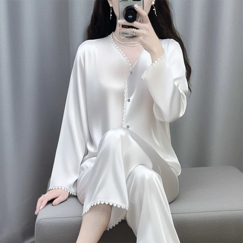 Women's Mulberry Silk Pajamas Set Long Sleeved Trousers Spring Autumn Loungewear Gift Box Girlfriends XL Size Sleepwear Soft