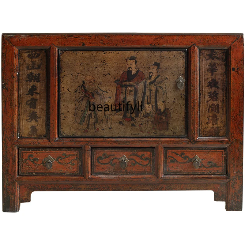 New Chinese Retro Hand-Painted Cabinet Solid Wood Small Apartment Storage Storage Sideboard Cabinet Integrated Wall