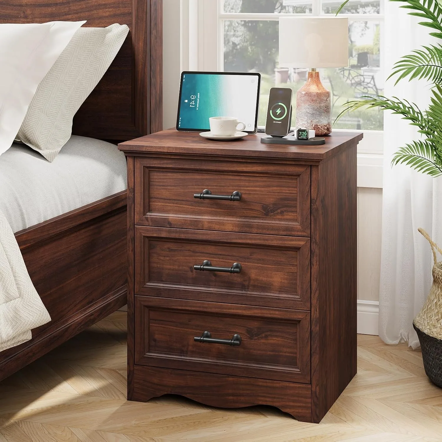Walnut Nightstand with Charging Station, 19.7