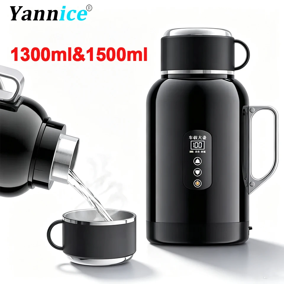 1300/1500ml Car Heating Kettle 12V/24V Smart Electric Water Boiler with 2-in-1 Cup Lid Car Heating Cup Thermos cup for Truck SUV