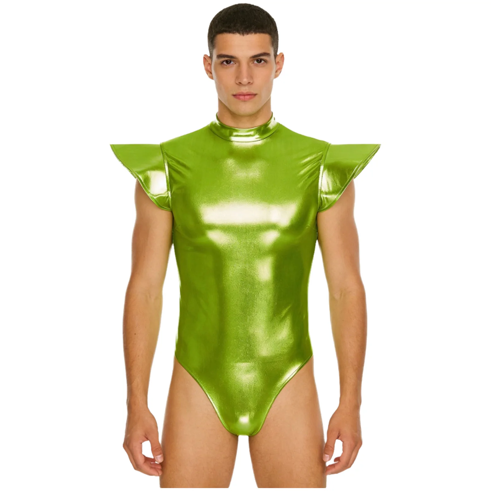 Mens Metallic Shiny Bodysuit Fly Sleeve Mock Neck Leotard One-piece Swimming Jumpsuit for Swimwear Club Dance Alien Costumes