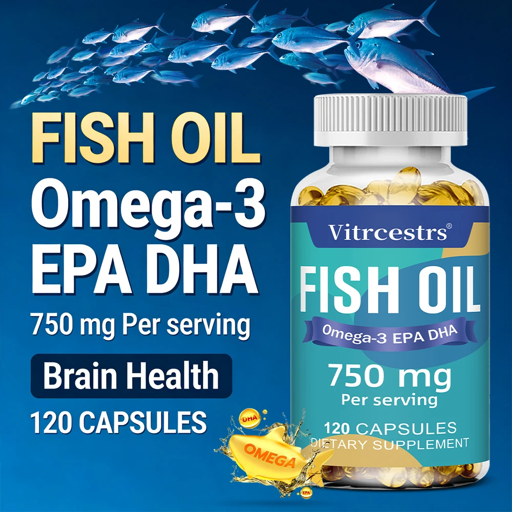High-Potency Fish Oil Omega-3 750 Mg Per Serving, Promotes Brain & Heart Health, Non-GMO Gluten Free Dietery Supplement